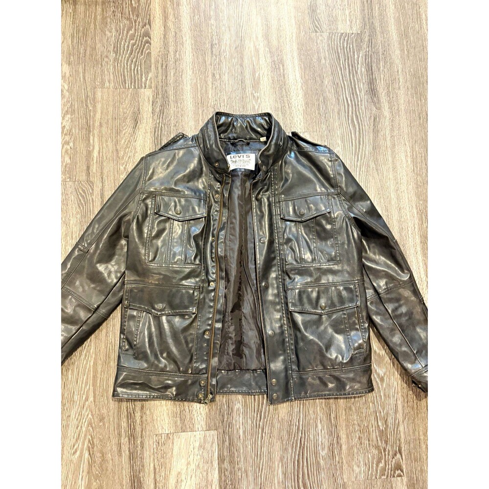 Levi’s Men’s Black Leather Biker Band Collar Lined Jacket Regular Fit Short L
